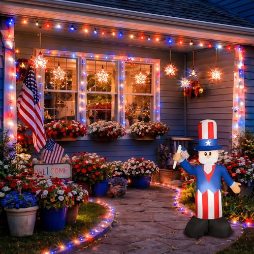 Couah 2 Pack 100 LED 38.4FT Red White and Blue Lights Battery Operated, Patriotic 4th of July Lights 8 Modes-Timer Indoor Outdoor Party Patriotic Memorial Day Independence 4th of July Decorations - size: 34.8FT-Red White Blue