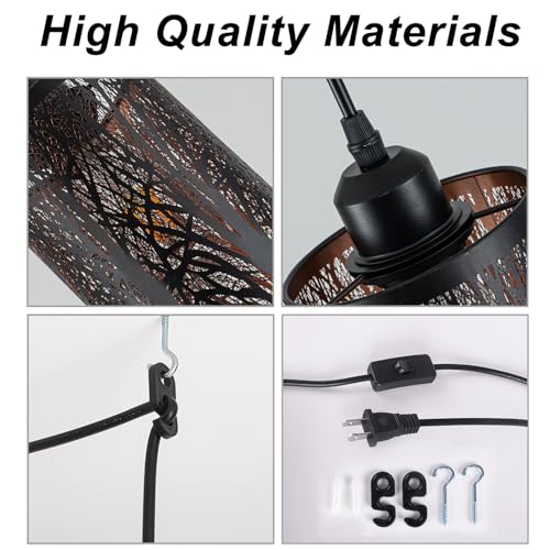 Industrial Black Plug in Pendant Light Vintage Mini Black Gold Hanging Lighting Rustic Hollow-Carved Cylinder Plug-in Pendant Light for Kitchen Island, Bedroom, Dining Room, Hallway - color: Black & Gold Plug-in
