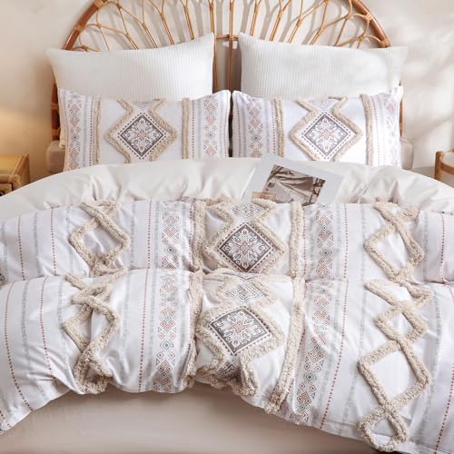 Herside 100% Cotton Boho Duvet Cover Set King Size,Shabby Chic Aztec Western Beige Tufted Bedding,Farmhouse Luxury 3 Piece Textured Quilt Duvet Set for All Season Home Decor - color: Beige, size: King(No Comforter)