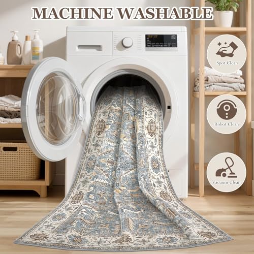 8x8 Round Area Rugs for Living Room-Washable Soft Large Vintage Rug Non-Slip Stain Resistant Traditional Stain Resistant Indoor Floor Low Pile Carpet for Bedroom Dining Room or Home Office- Blue - color: Blue, size: 8' x 8'