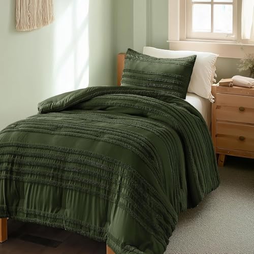 BEDELITE Boho Twin/Twin XL Comforter Set，Olive Green Tufted Striped Bed Set 2 Pieces, Soft Vintage Farmhouse Comforter for College, Boho Home Dorm Decor, Fluffy Jacquard Bedding with 1 Pillow Sham - color: Olive Green, size: Twin/Twin XL