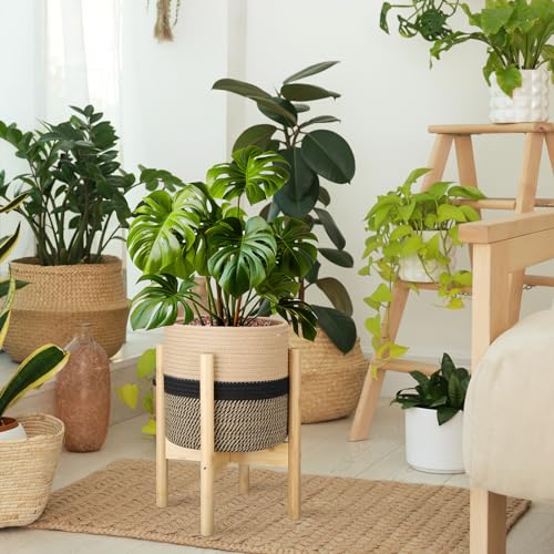 Plant Basket with Stand Indoor Planter Pot Holder Sturdy Jute Rope Modern Woven Basket, Cotton Rope Woven Pot with Bamboo Stand(10 Inch,Black and Beige Stripes) - color: Black and Beige Stripes, size: 10 Inch