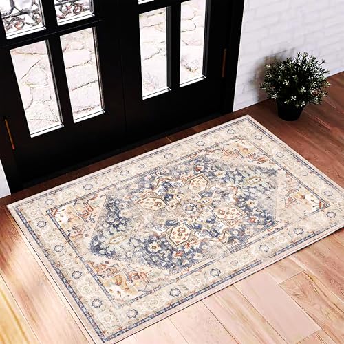 CHAMPLANT 2'x3' Blue Khaki Area Rug Washable Door Mat Vintage Distressed Doormat Indoor Entrance Traditional Thin Floral Print Non Slip Carpet for Kitchen Bathroom Bedroom Living Room - color: Blue Khaki, size: 2' x 3' (Rectangular)