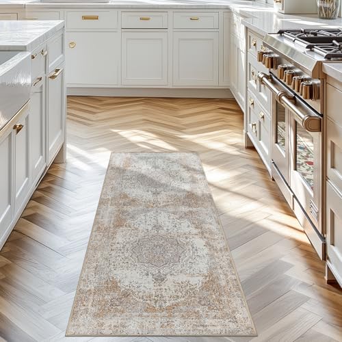 jinchan Runner Rug 2x5 Washable Hallway Rug Vintage Distressed Runner Indoor Thin Traditional Floral Mat Lightweight Non Slip Carpet for Kitchen Bathroom Laundry Room Bedroom Living Room Taupe - color: Vintage Taupe, size: 2' x 5' (Runner)