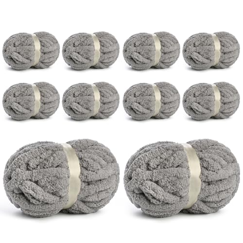 10 Pack Jumbo Chenille Yarn for Crocheting, #10 Super Bulky Baby Soft Yarn for Hand Knitting, 220 yds /70.5 oz Fluffy Chunky Knit Throw Blanket Yarn (Light Grey) - color: Light Grey