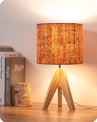 EDISHINE Small Table Lamp, Wooden Tripod Nightstand Lamp with Bark Linen Shade, Farmhouse Bedside Lamp for Nursery, Bedroom, Kids Room, Office, Reading Desk, 14.2 Inch, E26 Socket, ON/Off Switch - style: Cottage