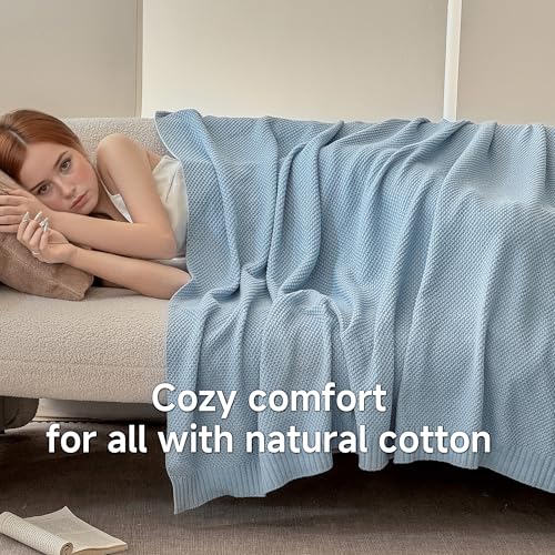 Simple&Opulence 100% Cotton Blanket Queen Size, Solid Color Cable Knitted Blanket Super Soft Comfortable Breathable Decorative Farmhouse for Couch Sofa Bed, All Season Use(Winter Blue,90x90) - color: Winter Blue, size: Queen Size 90x90"
