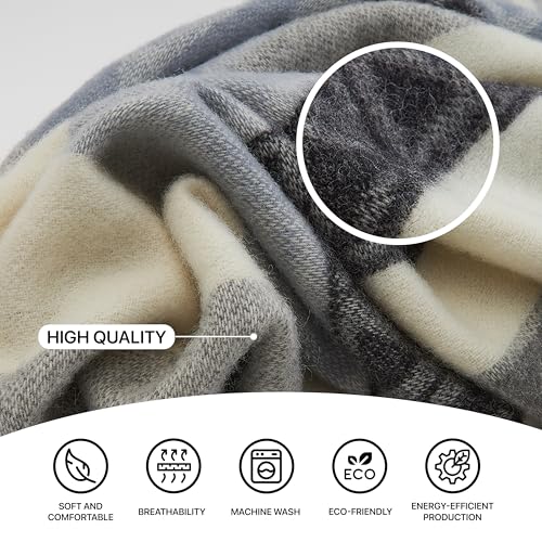 | Wool Blanket/Throw | 100% New Zealand Wool | Perfect for Home and Outdoors | Virgin Wool Throw with Fringes 67"x79" (170 x 200 cm) - color: Blue Geometry, size: Queen