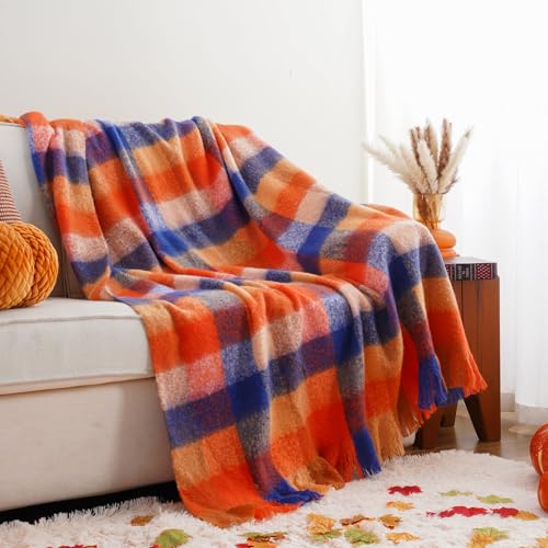 Battilo Fall Orange Plaid Throw Blanket for Couch, Colorful Mohair Tartan Plaid Blanket, Farmhouse Style Throw Blankets for Fall Home Decor(50"x60") - color: Multi Orange