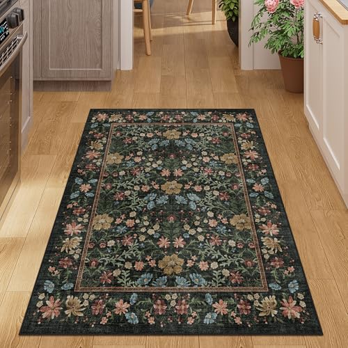 DUKINO 3x4 Area Rug for Entryway, Low Pile Vintage Washable Floral Rug with Non Shedding Design, Lightweight & Non Slip Soft Small Carpet for Kitchen, Bathroom, Bedroom, Dining Room, Black - color: Black, size: 3' x 4' (Rectangular)