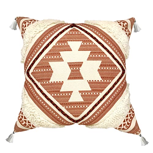 Alysheer Boho Tufted Decorative Throw Pillow Cover with Tassels Fringe 18''x18'', Cotton Velvet Reversible Woven Bohemian Style Cushion Case for Sofa Couch Living Room Gifts (Burnt Orange)