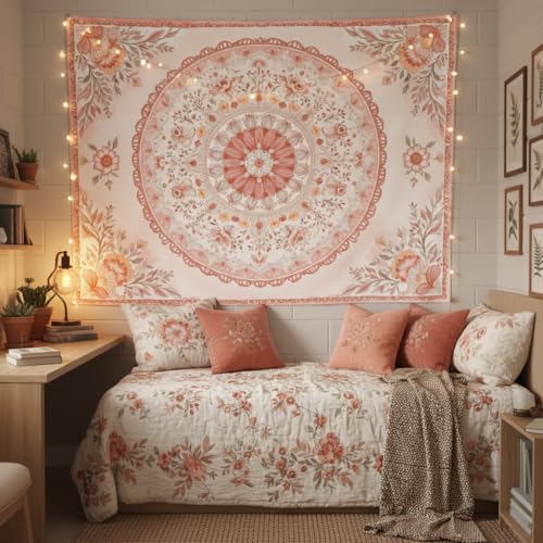 Motanber Pink Mandala Tapestry Wall Hanging Boho Floral Tapestry Aesthetic Watercolor Flower Medallion Cute Small Tapestries for Bedroom Living Room Dorm Decor 60 x 44 Inch - color: Peach Pink, size: 60"L x 44"W