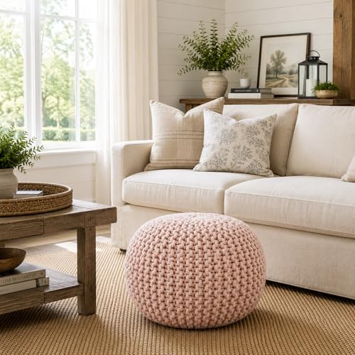 Casafield Round Pouf Ottoman, Light Pink - 20" Diameter x 14.5" High Cotton Knit Foot Stool - Boho Floor Pouffe for Living Room, Bedroom, Home Office - color: Light Pink, size: 20"D x 20"W x 14.5"H