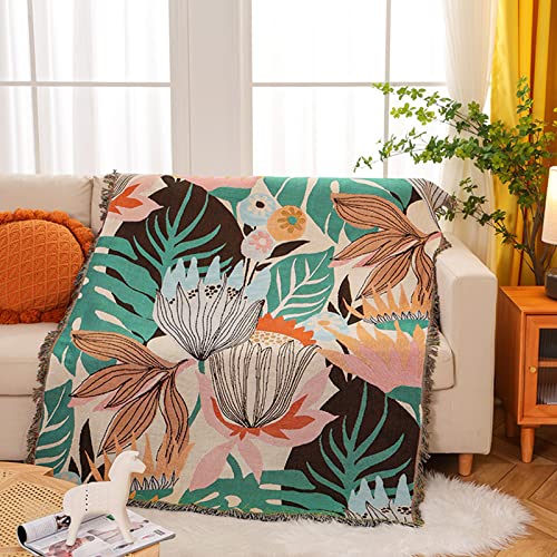 LumiSyne Double-Sided Cotton Woven Throw Blanket with Tassel Jungle Bohemian Style Tapestry Shawl Multi-Function Decorative Throws for Sofa Bed Armchair Camping Blanket Tablecloth Carpet 160x130cm - color: Flowers Leaves