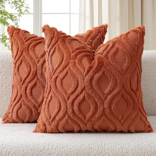 MIULEE Rust Fall Throw Pillow Covers 18x18 Inch, Soft Plush Faux Wool Solid Couch Pillows Set of 2, Decorative Farmhouse Boho Cushion Covers for Sofa Living Room Bed Home Decor - color: Rust, size: 18" x 18" (Pack of 2)