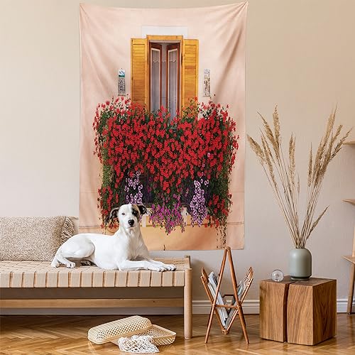 Ambesonne Shutters Tapestry, Photo of Window with Fresh Flowers Mediterranean Summertime Traditional House, Wall Hanging for Bedroom Living Room Dorm Decor, 40" X 60", Peach Green - color: Peach Green, size: 60"L x 40"W