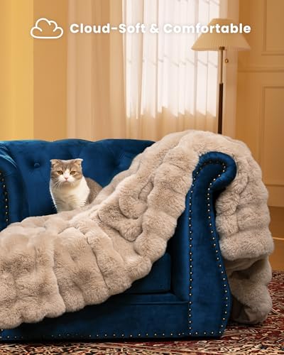 Ultra Soft Cozy Faux Fur Throw Blanket, Fuzzy Plush Thick Bubble Blanket, Oversize Luxury Fluffy Blanket for Couch, Sofa, Bedroom, and Living Room, 50x60 Inches, Light Brown - color: Bubble Light Brown, size: Throw