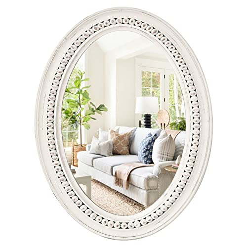 H HOMEWINS Oval Mirrors for Wall,24x36 Oval Wooden Rustic Farmhouse White Beads Boho Decorative Mirror for Bedroom, Bathroom, Living Room,Vanity - color: White, size: 36"L x 24"W
