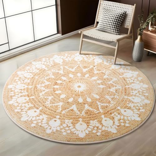 Asrug Imitation Jute Low Pile Round Rug Area Rug Washable Non-Slip Circle Rug Soft Plush Touch Circle Rugs Round for Kitchen Bathroom Living Bedroom Nursery, Carpet 4ft /48 inch/122 cm Brown - color: Beigefloral, size: 4ft