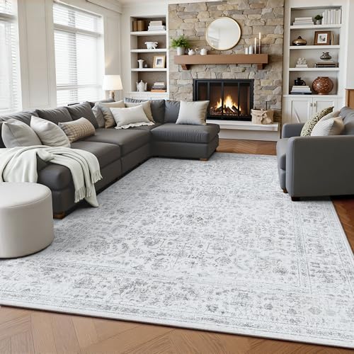 6x9 Area Rugs, Washable Vintage Retro Floral Rug for Living Room, Low Pile Non Slip Distressed Large Carpet for Bedroom, Dining Room, Office, Home (Grey) - color: A-grey, size: 6' x 9' (Rectangular)