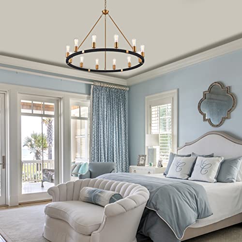 12-Lights Wagon Wheel Chandelier Bohemia Black Hand Woven Rattan Chandelier Farmhouse Large Brass Pendant Light for High Ceilings Living Room Dining Room, Dia 42 Inch, UL Listed - color: Brass&Black