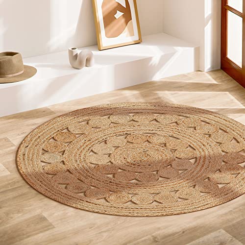 Hand Woven Jute Area Rug - 3' Round - Rustic Beige Reversible Farmhouse Rugs for Living Room, Bedroom, Kitchen - Vintage Natural Braided Entry Floor Décor Circle Boho Round Jute Rug 3ft - color: Natural, size: 3' (Round)