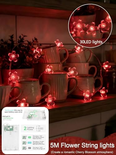 Flower Battery Operated Indoor String Lights 30LED Cherry Blossom Fairy String Lights Waterproof Outdoor for Garden Fence Party Camping Birthday Wedding Room Home Decoration Red - color: Red