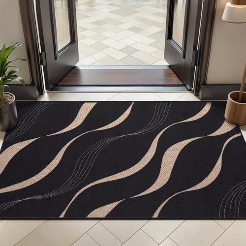 Tangsoo Easy Jute 2x4 Small Throw Rugs for Entry,Washable Thin Indoor Door Mat,Black Wavy Lines Non-Slip Floor Small Outdoor Carpet for Entryway Kitchen Hallway Bedroom Front Porch - color: Black Lines, size: 2x4ft