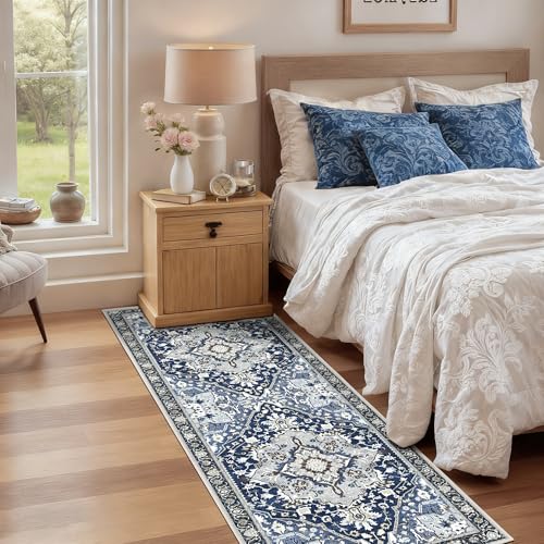 2x6 Washable Navy Blue Boho Runner Rug with Non-Slip Backing - Low Pile Farmhouse Hallway Runner for Kitchen, Bathroom, Entryway - Washable Long Indoor Carpet, Vintage Floor Mat, Navy Blue Multi - color: Navy Blue& Multi, size: 2' x 6' (Runner)