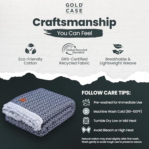 Gold Case Throw Blanket for Bed - 100% Recycled Turkish Cotton Blanket - Retro Lightweight Soft Throw Blankets for Bed & Living Room - Queen Size Cozy Blankets - 90x90 - Navy Blue - color: Retro Navy Blue, size: 90x90"