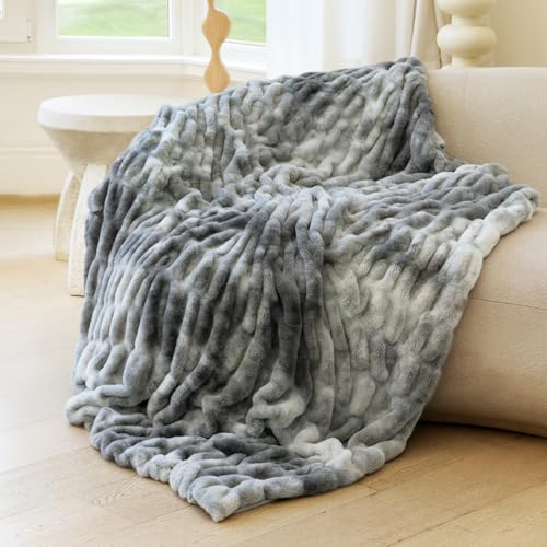 Faux Rabbit Fur Throw Blanket, Ultra Soft Plush Cozy Blanket for Couch Bed, Thick Fluffy Ruched Tie-Dye Decorative Blanket, Giftable, 50"x60",Tie-Dye Gray - color: Tie-dye Gray, size: Throw(50"x60")