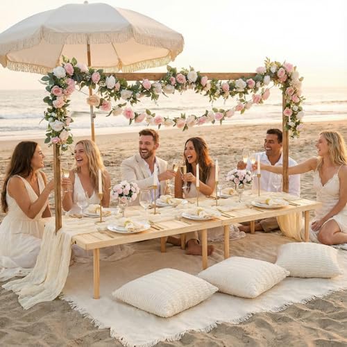 Beeveer 91 x 71 Extra Large Outdoor Boho Picnic Blanket with White Table Runner, 6 Throw Pillow Covers 6 Napkins Woven Cotton Yarn Oversize Beach Blanket Washable Picnic Camp Wedding - color: White