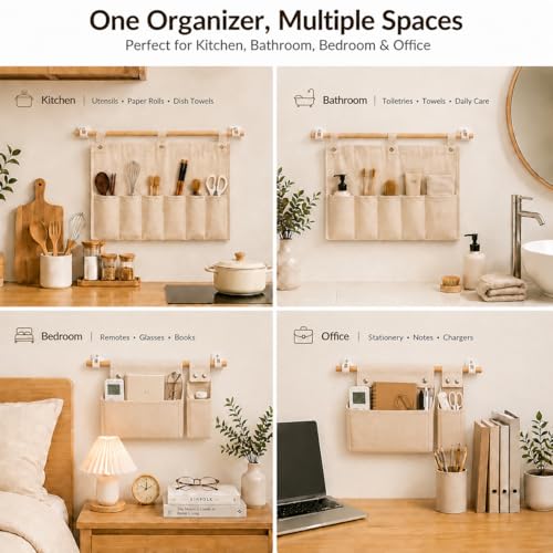 No Drill Canvas Wall Organizer with Mounting Clips, Hanging Pocket Organizer with Wooden Rod, Fabric Wall Storage for Bedroom, Bathroom, Entryway (Medium & Small Set) - size: Medium & Small Set