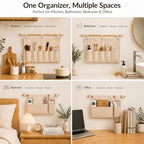 No Drill Canvas Wall Organizer with Mounting Clips, Hanging Pocket Organizer with Wooden Rod, Fabric Wall Storage for Bedroom, Bathroom, Entryway(Large) - size: Large