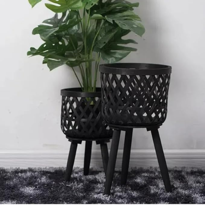 Nordic Style Rattan Flower Pot Indoor Balcony Living Room Plant Green Flowers Hand-Woven Wooden Tall Floor Flower Stand (Black, 9.7x17inch(24.5x43cm))