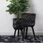 Nordic Style Rattan Flower Pot Indoor Balcony Living Room Plant Green Flowers Hand-Woven Wooden Tall Floor Flower Stand (Black, 8.3x13inch(21x33cm))
