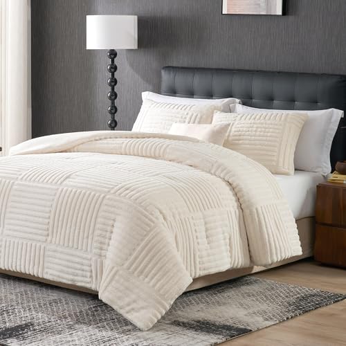 Amélie Home Fleece Comforter Set Queen Size, Beige Fleece Bedding Set with Stripe Jacquard, Soft Fluffy Bedding Set, 3 Pieces, 1 Warm Comforter and 2 Pillowcases - color: Stripe Patchwork Beige, size: Queen (90"x90")