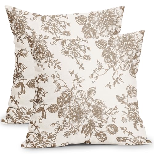 Vintage Floral Pillow Covers 18x18 Inch Set of 2 Tan and Cream Floral Throw Pillow Covers Chinoiserie Flower Pillowcases Rustic Farmhouse Cotton Linen Cushion Covers for Couch Bed Sofa Home Decor - color: Tan, size: 18" x 18" (Pack of 2)