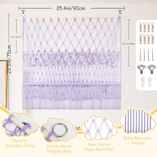 2 Tier Stuffed Animal Storage Shelf Net, 35x30'' Large Plushie Net w/ 2.4/1'' Dense Mesh for Mini Medium Stuffy Teddy, Purple Boho Macrame Toy Holder Display w/ Lights&Clips for Nursery Kid Girl Boy - color: Light Purple, size: Large-2 Tier-35x30 Inch