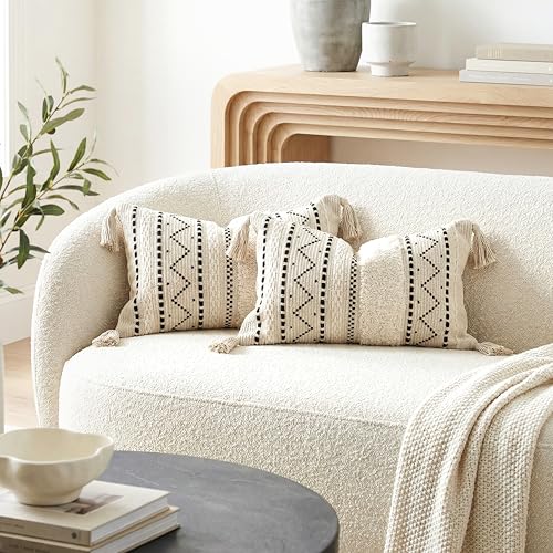 BlissBlush Decorative Lumbar Throw Pillow Covers 12x20 Combo Set of 2 Rectangular Boho Accent Pillowcase Black Neutral Farmhouse Cushion for Couch Sofa Bedroom Living Home Décor Cover ONLY - color: Black, size: 20" x 12" (Pack of 2)