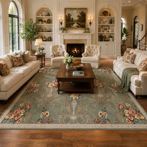 Helthep Vintage Area Rugs for Living Room: Floral Washable Rug Large Soft Boho Non-Slip Carpet Indoor Floor Stain Resistant Carpets for Bedroom Dining Room Farmhouse (Green, 8×10 ft) - color: Green, size: 8' x 10' (Rectangular)