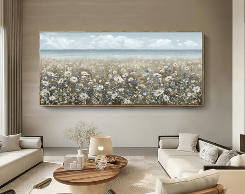 Extra Large Framed Wall Art Blue Seaside And White Flower Wall Decor Farmhouse Art Work Natural Scenery Prints Modern Landscape Picture For Living Room Bedroom Office Hallway 86"x39" - color: Coastal Flower Sea Art, size: 86"L x 39"W