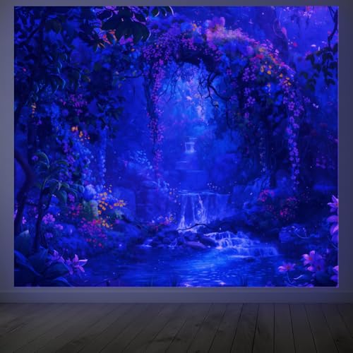 CRAFTYMELODY Waterfall Blacklight Tapestry Glow in the Dark Tapestry UV Reactive Colorful Flower Wall Hanging 59×51 Inch with Hook Self Adhesive Sticker Clip for Bedroom Home Wall Decoration - color: Flower Waterfall