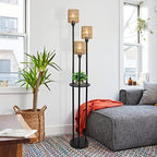 Boho Floor Lamp with Shelves, 3-Lights Farmhouse Tall Floor Lamp with ON/Off Foot Switch, Rustic Standing Lamp with Rattan Shades for Living Room Bedroom Office - style: Black-Rattan Shade