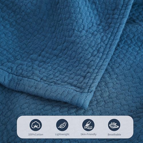 Premium 100% Cotton Blanket – All-Season Soft Breathable Bed Blanket for Throw Size – Lightweight Stylish Textured Throw for Bed– Giftable Cozy Bedding - color: Blue, size: Throw (50"x60")