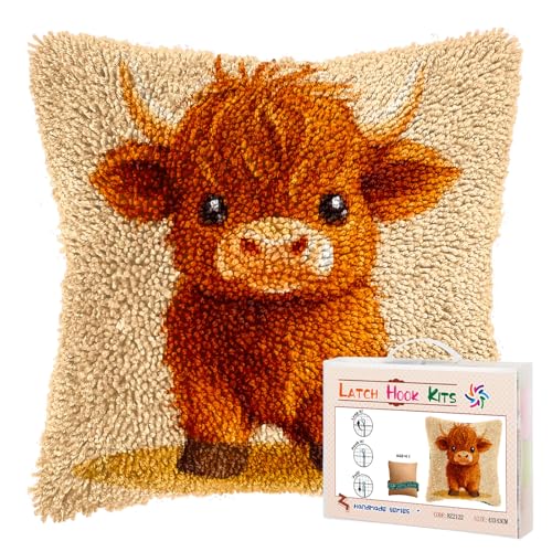 Latch Hook Pillow Kits for Adults Cute Baby Highland Cow DIY Pillow Cover Printed Pillowcase Crochet Hooking Yarns Handmade Cushion for Home Sofa Decoration 17x17inch(8) - color: 01-Highland Cow