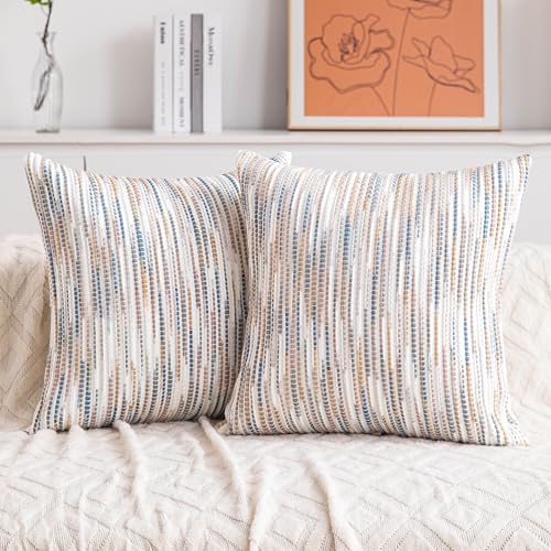 Boho Couch Throw Pillow Covers 18x18 Inch Set of 2 Grey Blue Striped Decorative Pillow Covers Chenille Accent Pillowcase Farmhouse Cushion Covers for Home Decor Sofa Living Room Bedroom - color: Blue Grey Striped