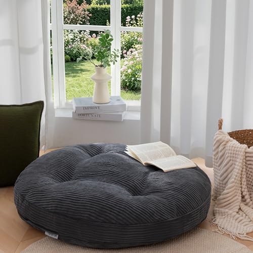 HIGOGOGO 35" Floor Pillow Cushion for Adults, Meditation Cushion Pillow, Extra Large Square Floor Sitting, Tufted Corduroy Cover for Tatami Living Room or Yoga, Dark Grey - color: Dark Grey, size: 4" Thick Round