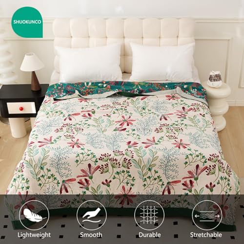 Boho Throw Blanket, 100% Cotton Ultra Soft Luxury Throw Rustic Quilt, Muslin Breathable Soft Bed Throw ，All Throw for Sofa Couch Chair 90x98 Inch - color: Precious Flowers, size: 90x98 Inch