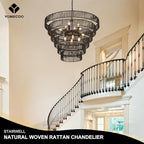 31.49" Large Rattan Black Chandelier for Dining Room, Farmhouse 12-Lights Boho Hand-Woven Bamboo Chandelier, Drum Wicker Black Chandeliers for Kitchen Island, Living Room, Bedroom, Entryway - color: Black 31IN